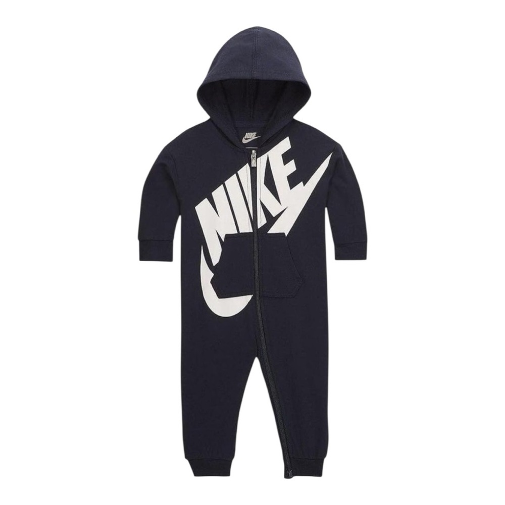 💙 NWT Nike Baby Hooded Coverall Obsidian Blue White Logo Size NEWBORN , 3 Months